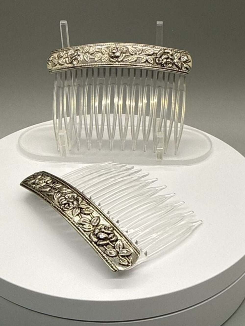 Vtg Silver Tone Decorative Floral Hair Combs Roses Wedding Cottagecore Retro